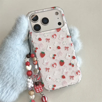 Cute Strawberry Rabbit Phone Case For iPhone Cover With Polka Dots Cartoon Shockproof Fundas With Hinge