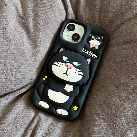 3D Cute Cartoon Cat Telescopic Bracket Soft Silicone Phone Case For iPhone