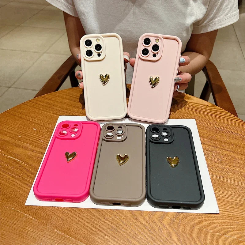 Luxury 3D Gold Heart Silicone Phone Case Shockproof Matte Cover For iPhone