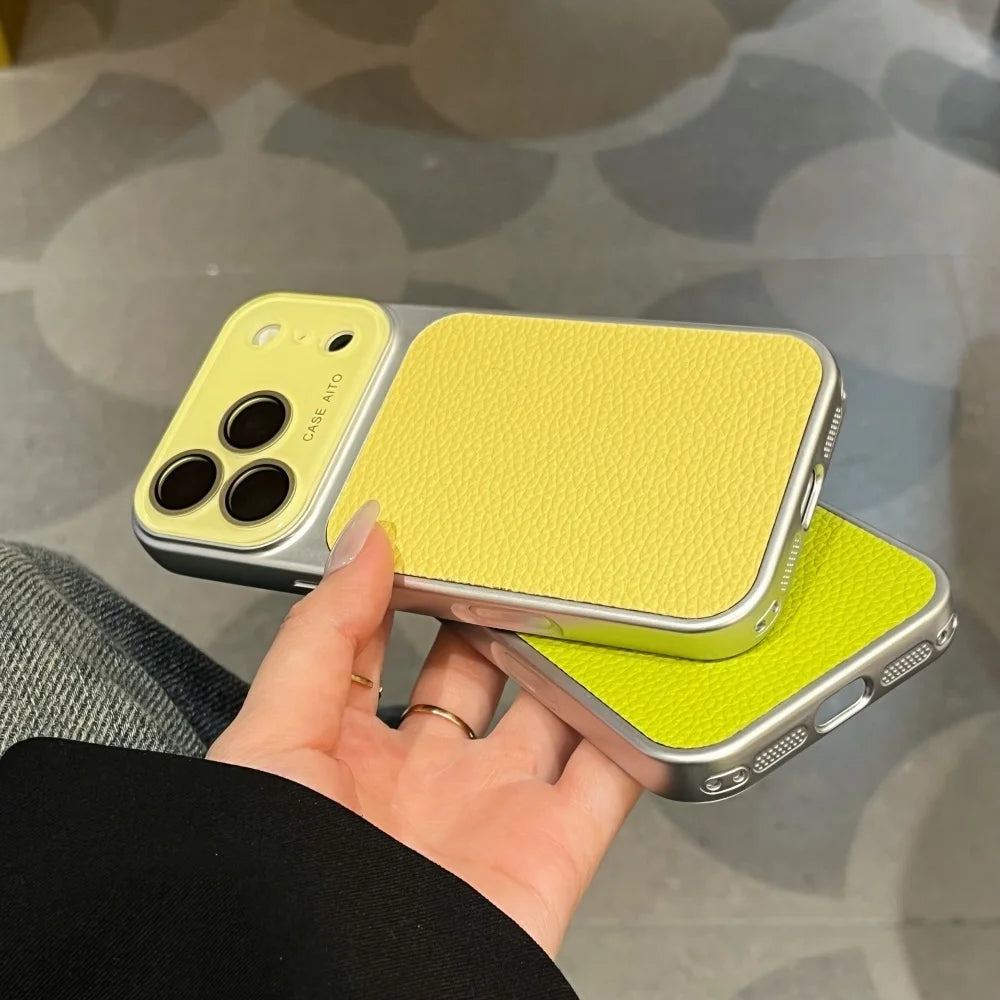Creative Large Window Color Blocking PU Leather Case For iPhone Glass Lens Protective Cover Fundas