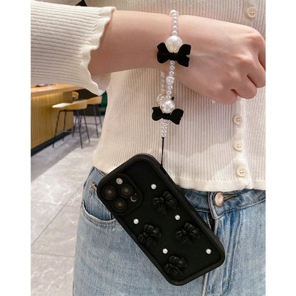 3D Elegant Bowknot Faux Pearl Chain Silicone Phone Case For iPhone Soft Cover