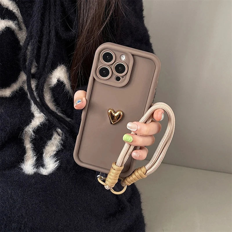 Cute Korean 3D Golden Love Heart Soft Case For iPhone Wrist Chain Hang Strap Cover