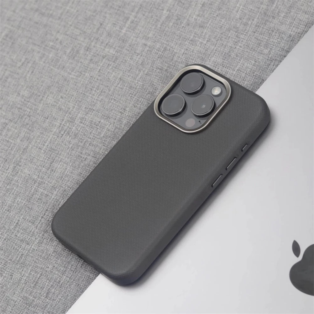 Luxury Alloy Lens Frame Particle PU Leather Magnetic Case For iPhone