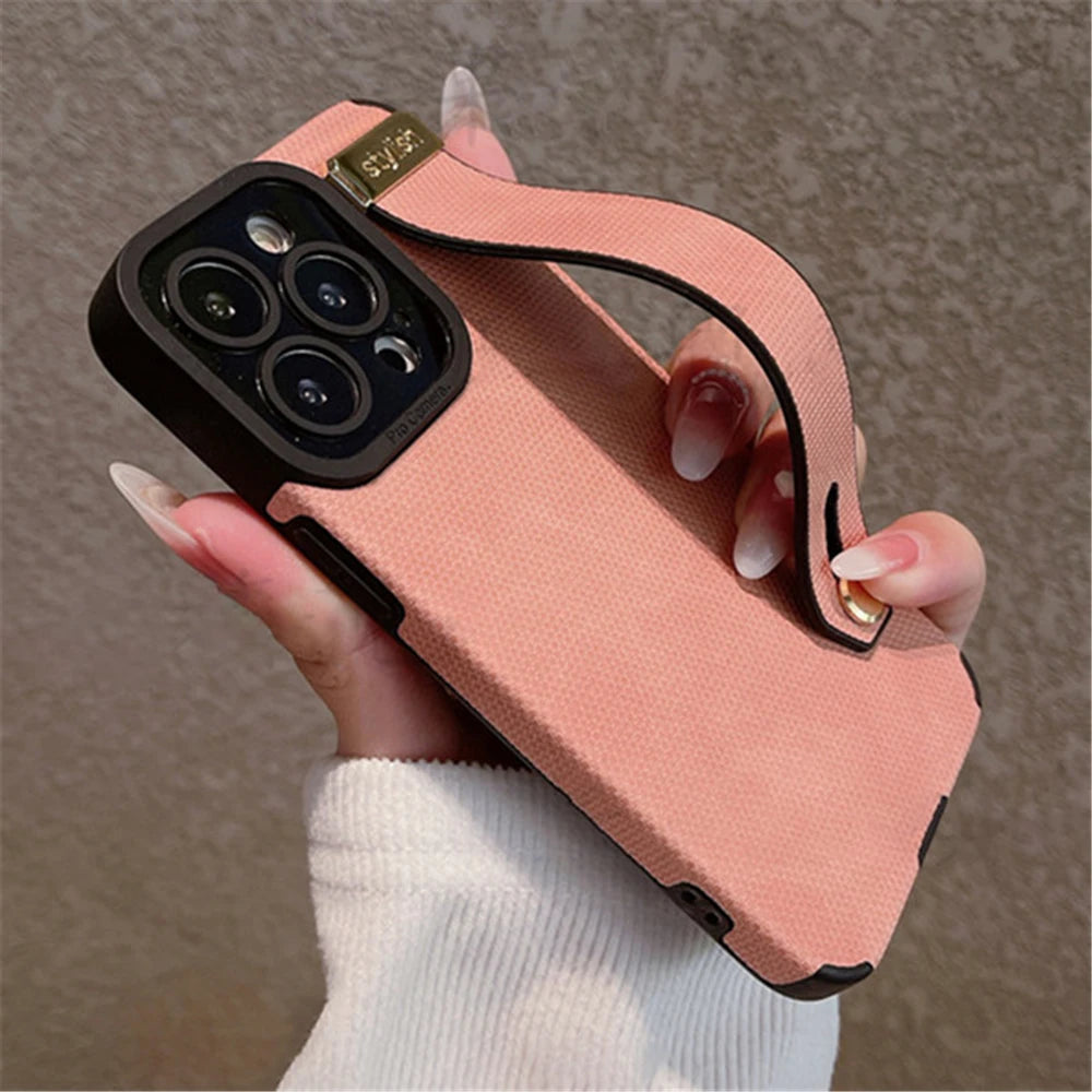 Luxury Leather Wrist Strap Holder Stand Phone Bracket Case For iPhone