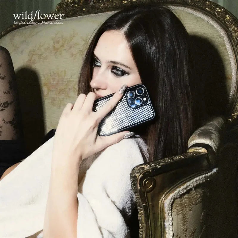 Wildflower Pink Black White Diamond Sparkling Phone Case For iPhone