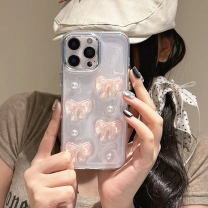Korean Cute 3D Pink Bowknot Pearl Clear Phone Case For iPhone Shockproof Transparent Cover