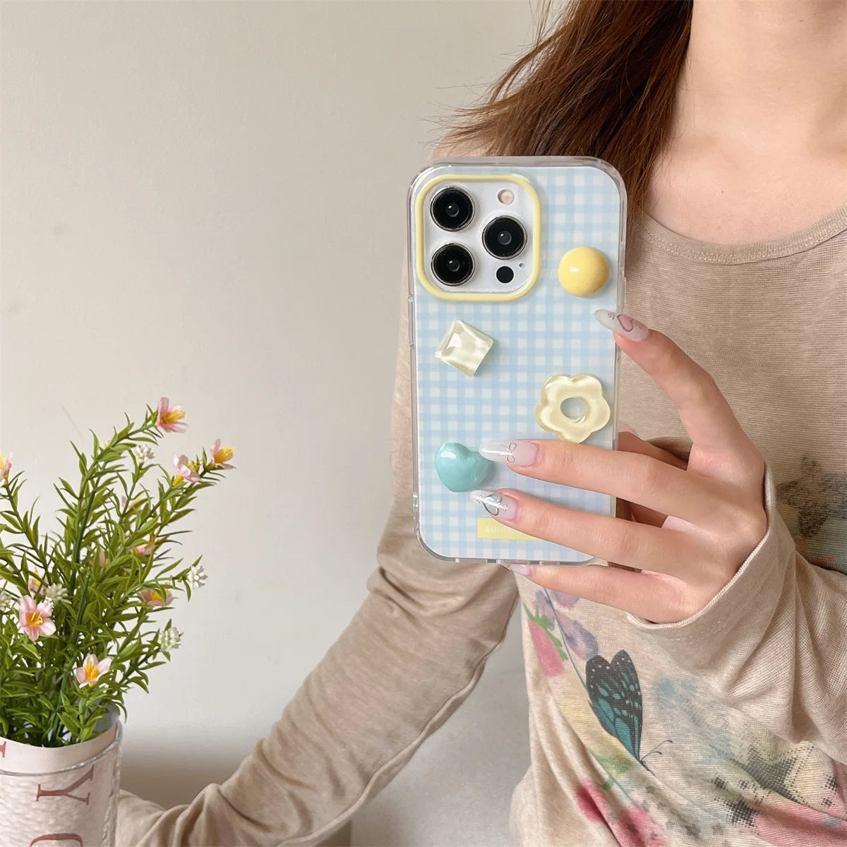 Cute Cartoon Blue Tartan Cream Clear Phone Case