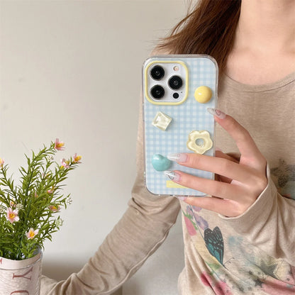 Cute Cartoon Blue Tartan Cream Clear Phone Case