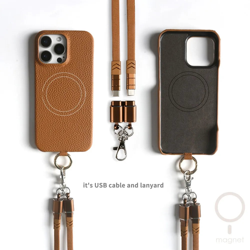 Versatile Lanyard Charging Cable Genuine Leather Phone Case For iPhone