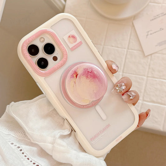 Korean Cute Peach Holder Magsafe Magnetic Clear Phone Case For iPhone