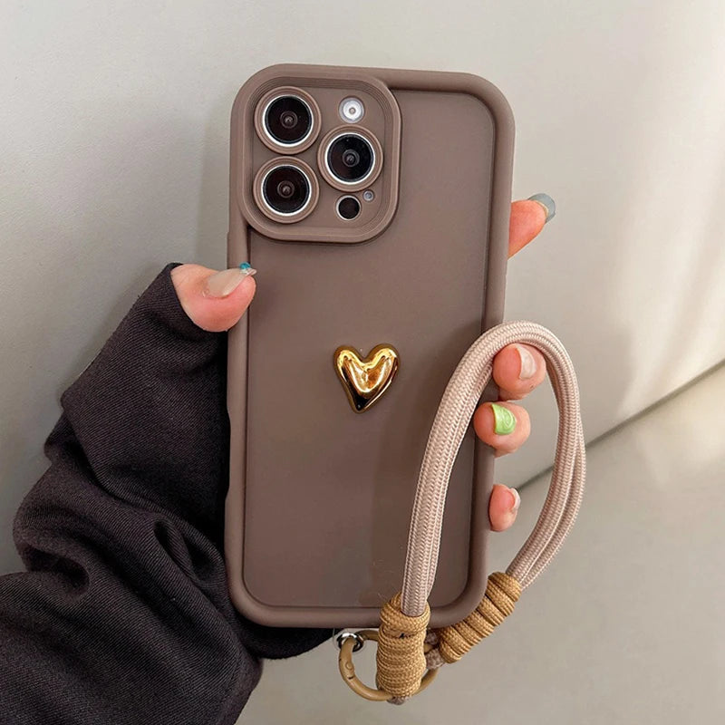 Cute Korean 3D Golden Love Heart Soft Case For iPhone Wrist Chain Hang Strap Cover