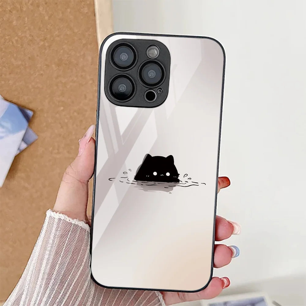 Cute Cat Phone Case For iPhone  Tempered Glass Shockproof Cover