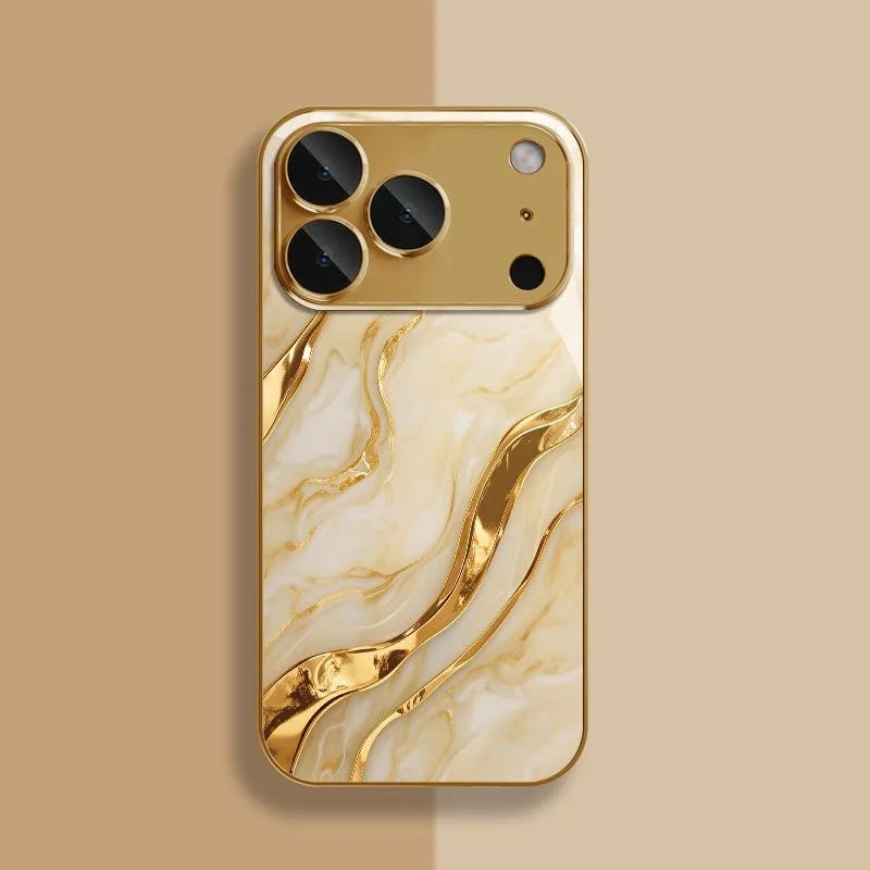 Golden Marble Waves Gold Metallic Paint Tempered Glass Phone Case For iPhone