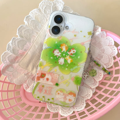 Sparkling Cute Cartoon Cat Lucky Clover Star Pendant Phone Case