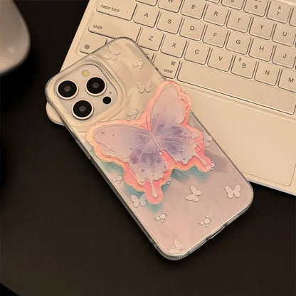 Luxury Laser Watercolor Butterfly Bracket Phone Case For iPhone