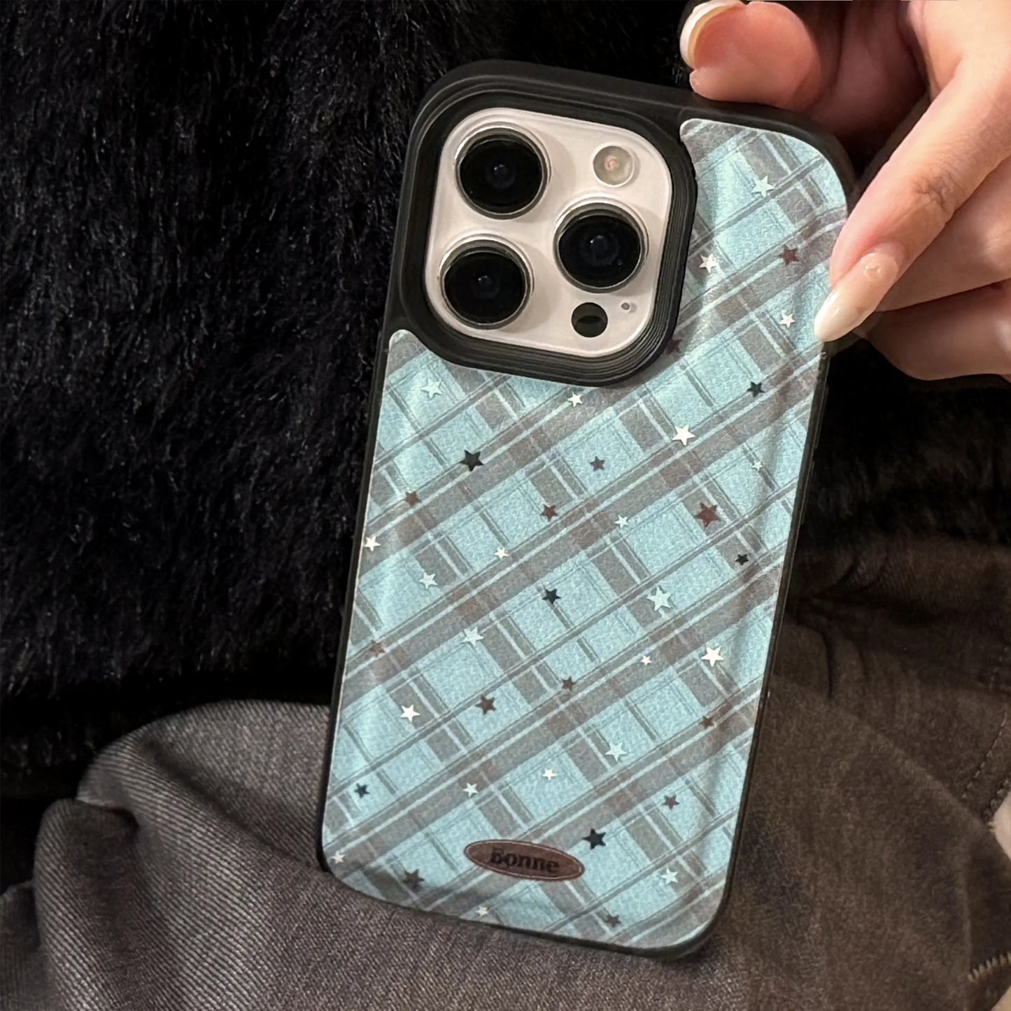 Korean Geometric Checkered Stars Leather Texture Phone Case For iPhone