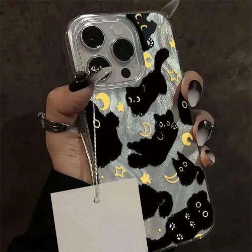 Laser Silver Black Cat iPhone Case With Feather-Texture Protection