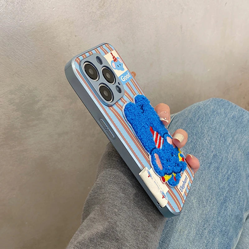 Cartoon Cute 3D Plush Elephant Puppy Drum Bag Leather Phone Case