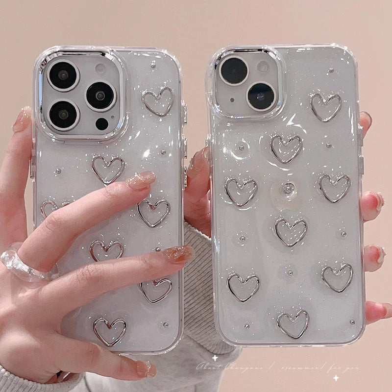 Fashion Metal Silver Love Heart Epoxy Glitter Phone Case