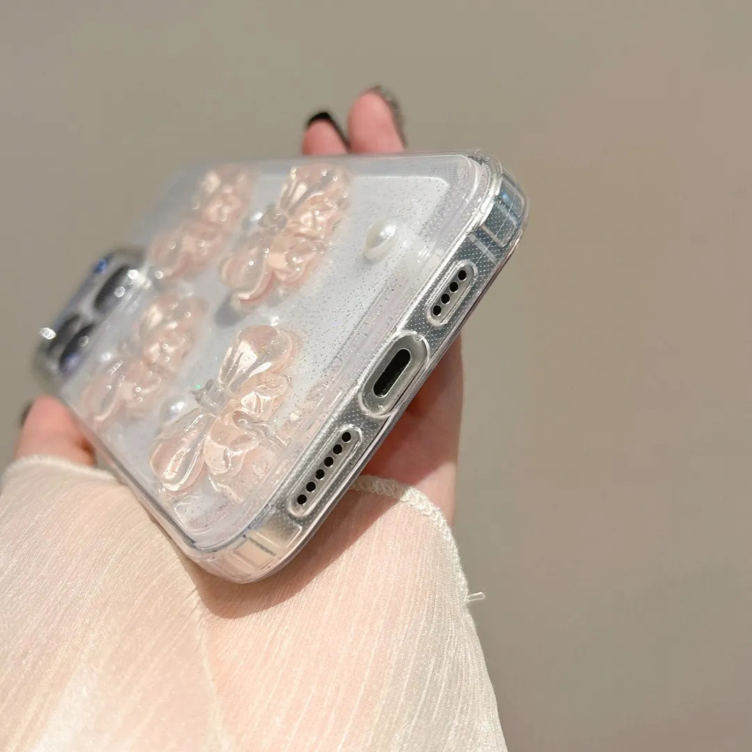 Korean Cute 3D Pink Bowknot Pearl Clear Phone Case For iPhone Shockproof Transparent Cover