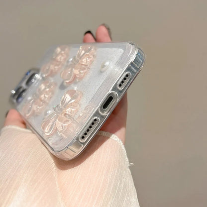 Korean Cute 3D Pink Bowknot Pearl Clear Phone Case For iPhone Shockproof Transparent Cover