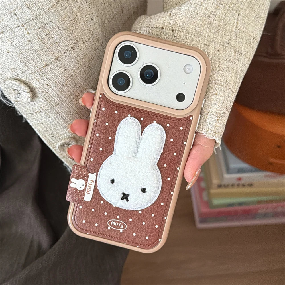Winter Plush Rabbit Fashion Leather Polka Dot Phone Case  For iPhone
