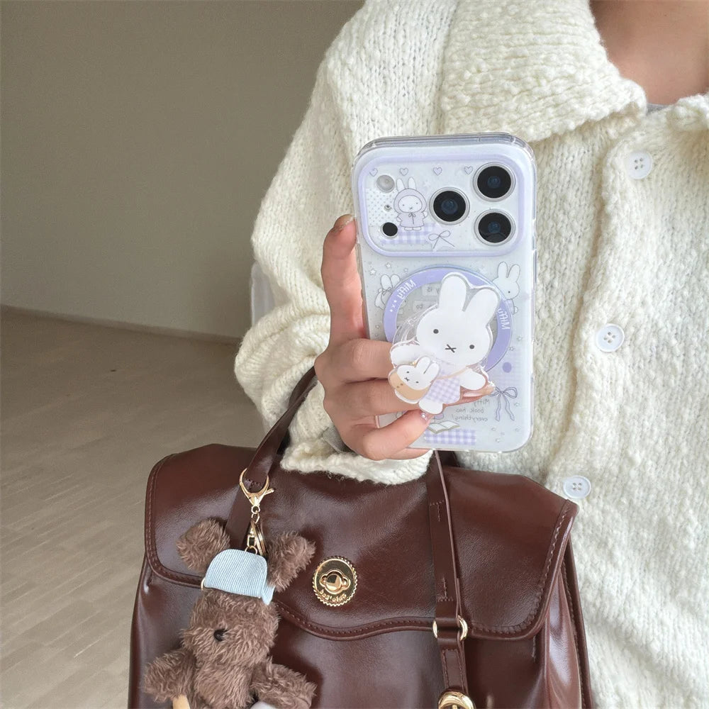 Korean INS Star Bow Rabbit With Magsafe Stand Phone Case For iPhone