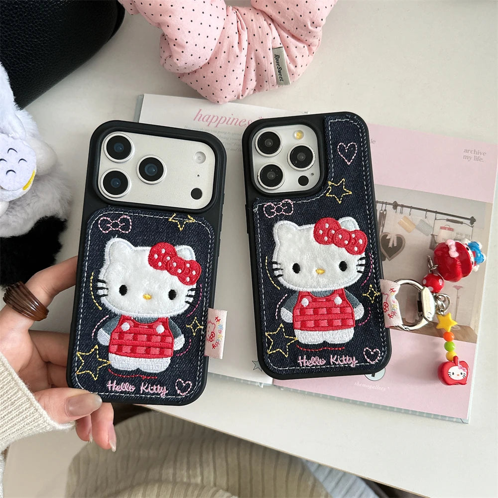 Luxury Denim Leather Pattern Cartoon Hello Kitty Case For iPhone Love Heart Stars Style Cover