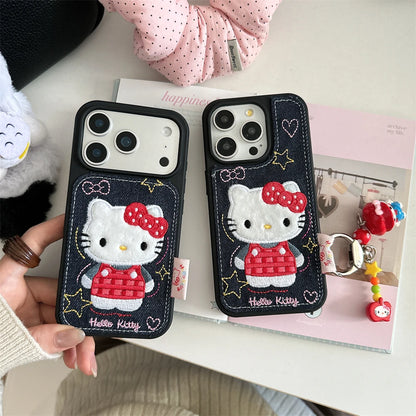 Luxury Denim Leather Pattern Cartoon Hello Kitty Case For iPhone Love Heart Stars Style Cover