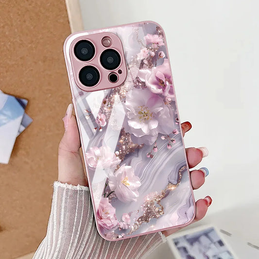Flower Phone Case For iPhone  Shockproof Tempered Glass Cover