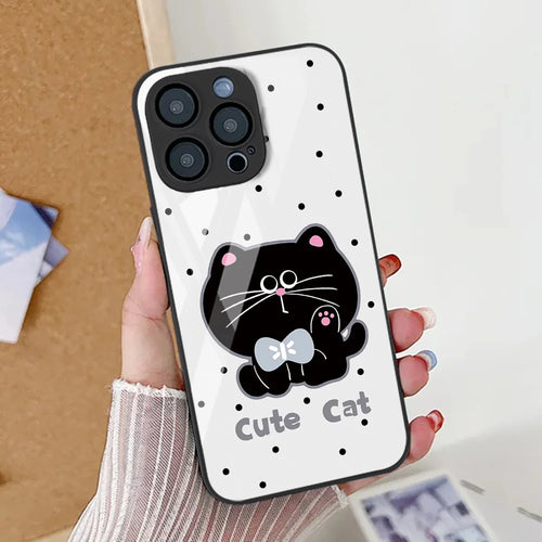 Cute Cat Phone Case For iPhone  Tempered Glass Shockproof Cover