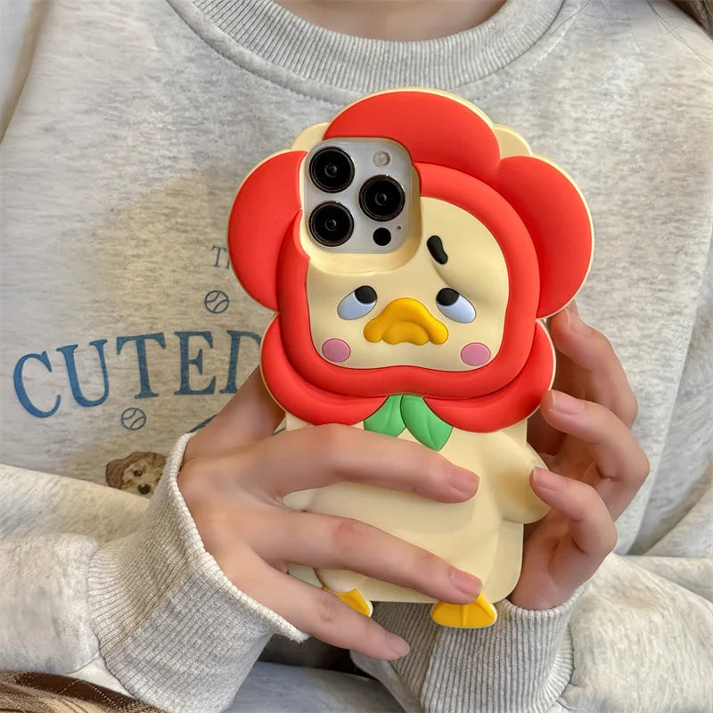 Kawaii Cute Cartoon Flowers Crying Duck Soft Silicone Phone Case For iPhone