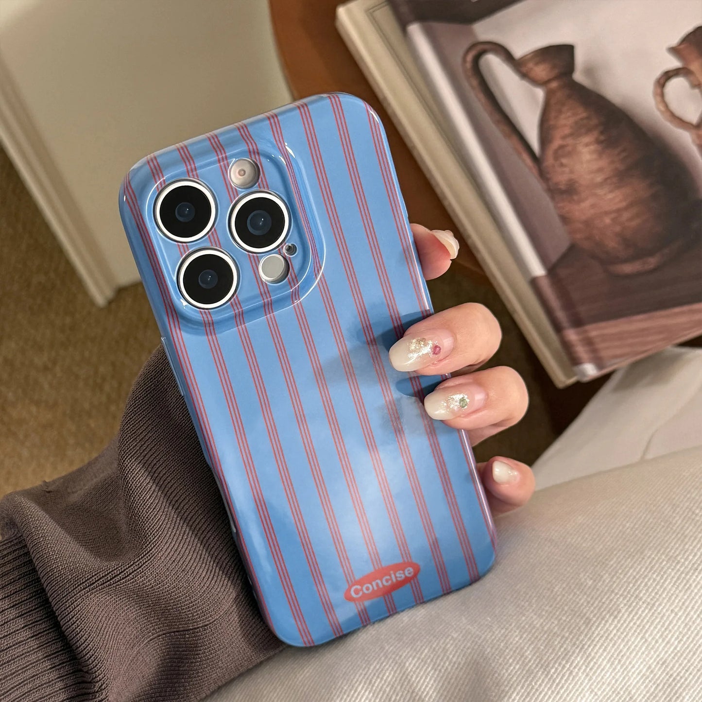 Retro Style Red Blue Striped With Bracket Phone Case For iPhone