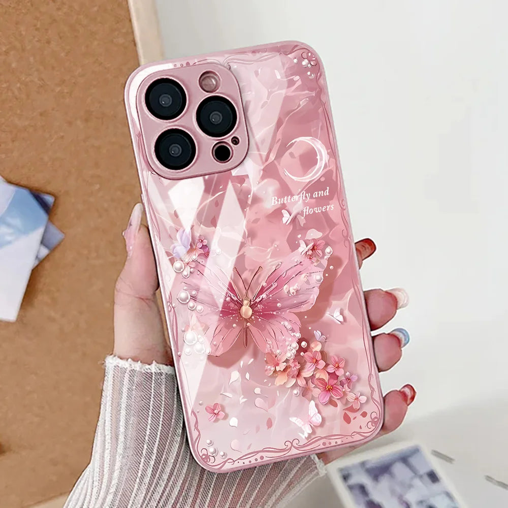 Butterfly Phone Case For iPhone Shockproof Tempered Glass Cover Fundas