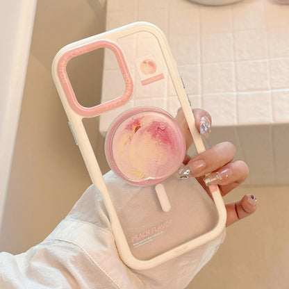 Korean Cute Peach Holder Magsafe Magnetic Clear Phone Case For iPhone