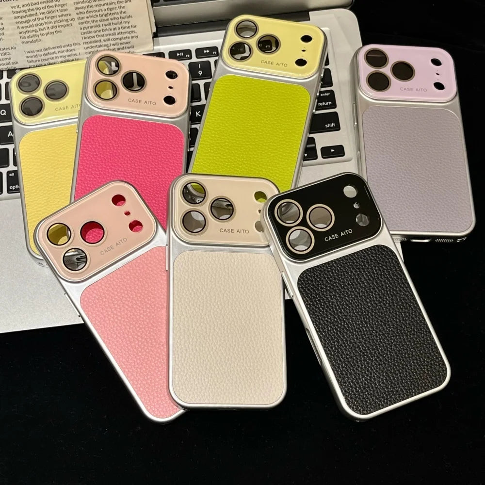 Creative Large Window Color Blocking PU Leather Case For iPhone Glass Lens Protective Cover Fundas