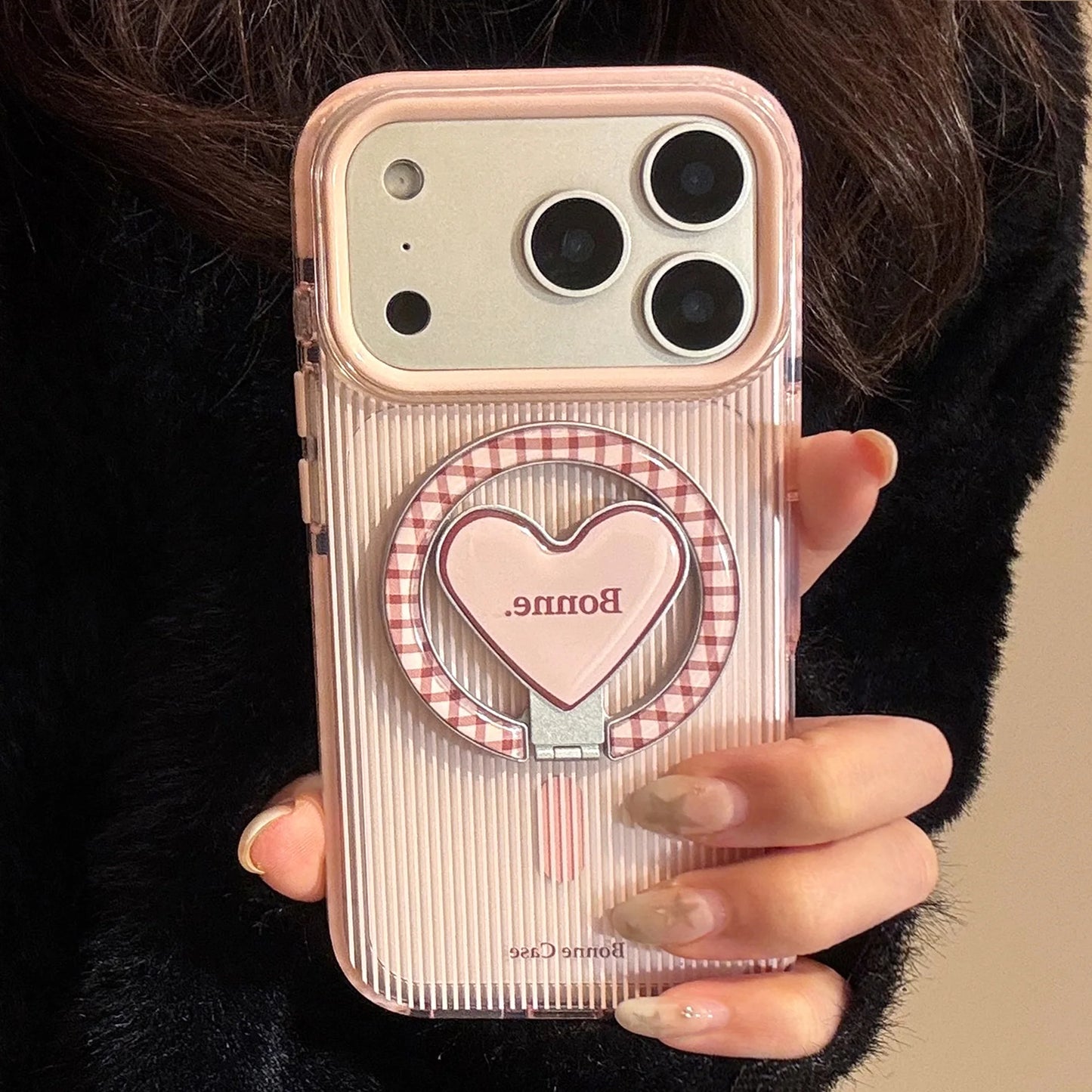 Korean Pink Striped With Plaid Love Heart Bracket Magnetic Phone Case For iPhone