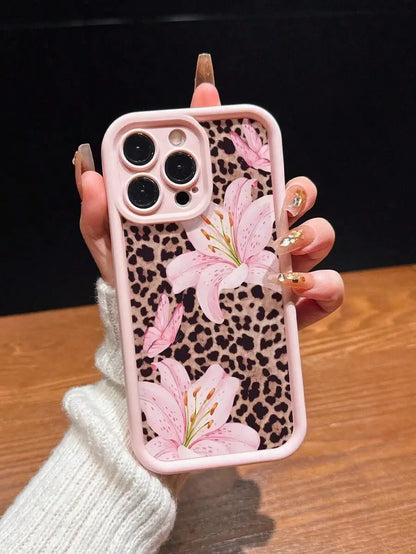 Cute Pink Lily Flower Leopard Print Matte Phone Case For iPhone