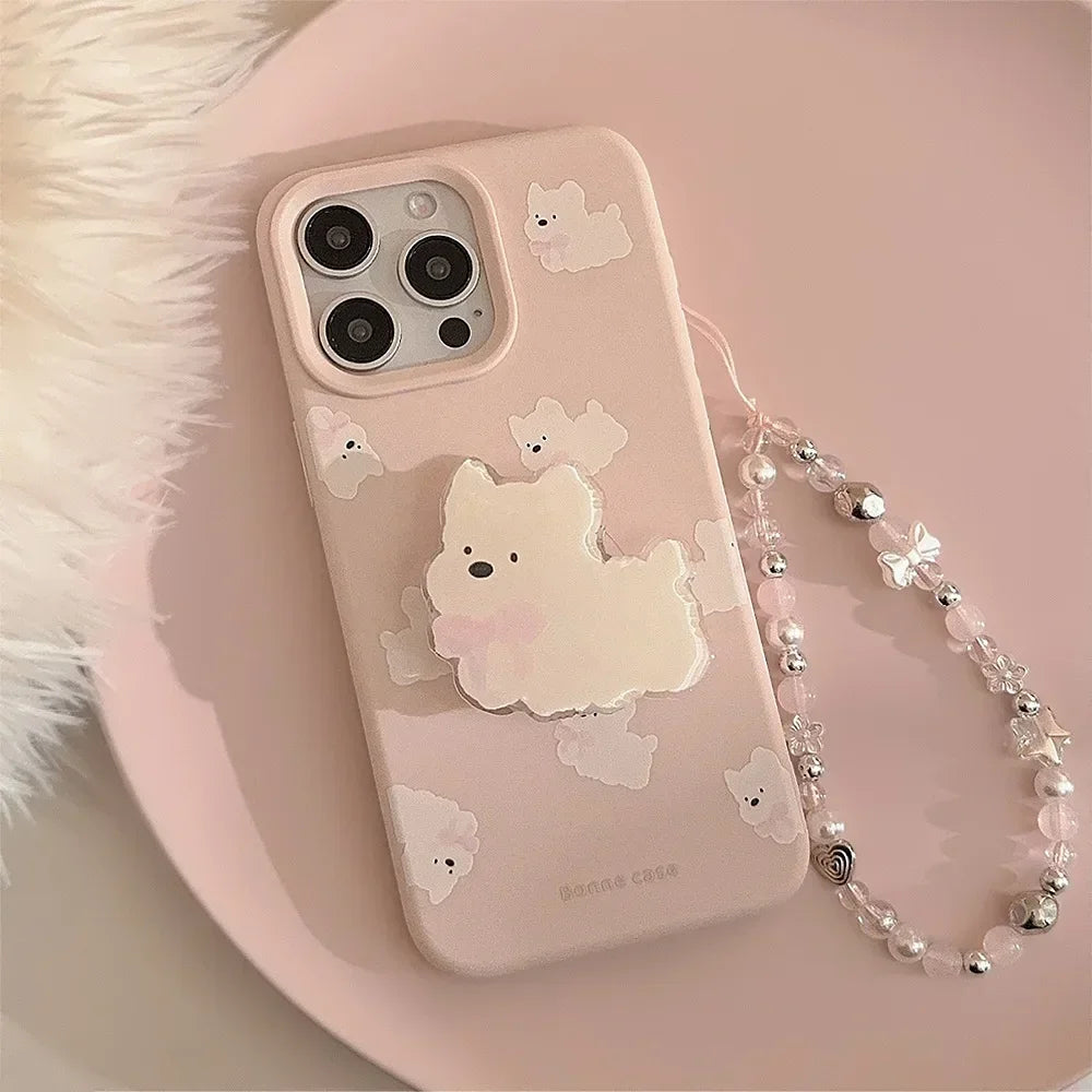 Cute Cartoon Bowknot Puppy Bracket With Chain Bracelet Phone Case For iPhone