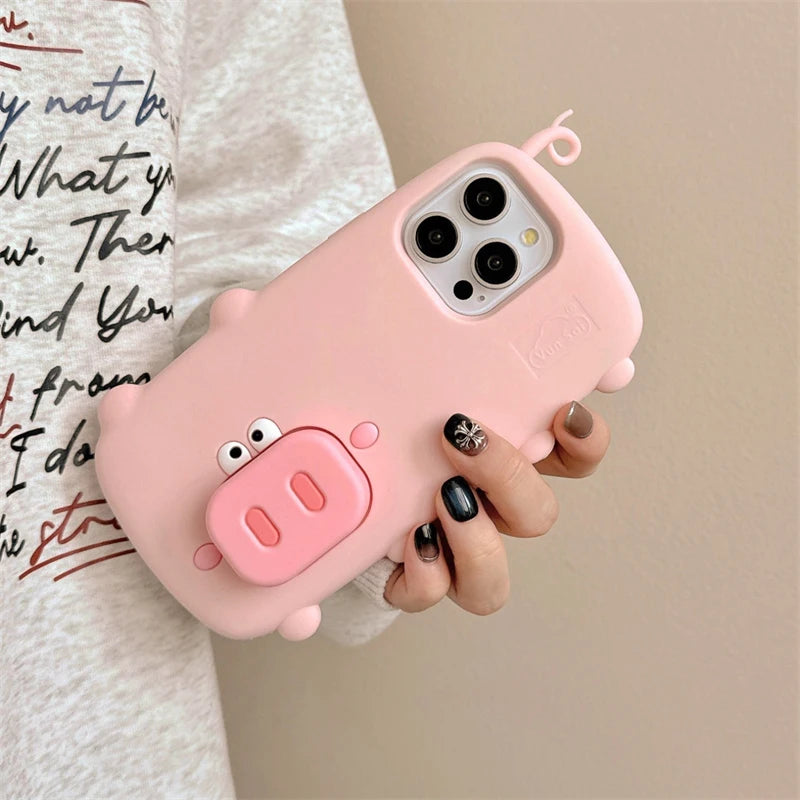 Funny Cute Pink Pig Folding Holder Stand Phone Case