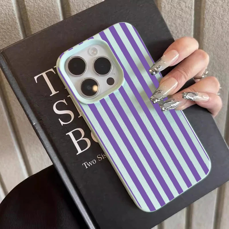 Pink Black Vertical Stripe Leather Texture Phone Case For iPhone