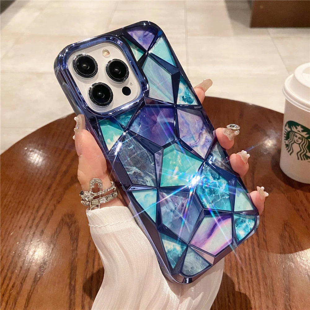 Plating Glitter Diamond Pattern Colorful Marble Phone Case For iPhone