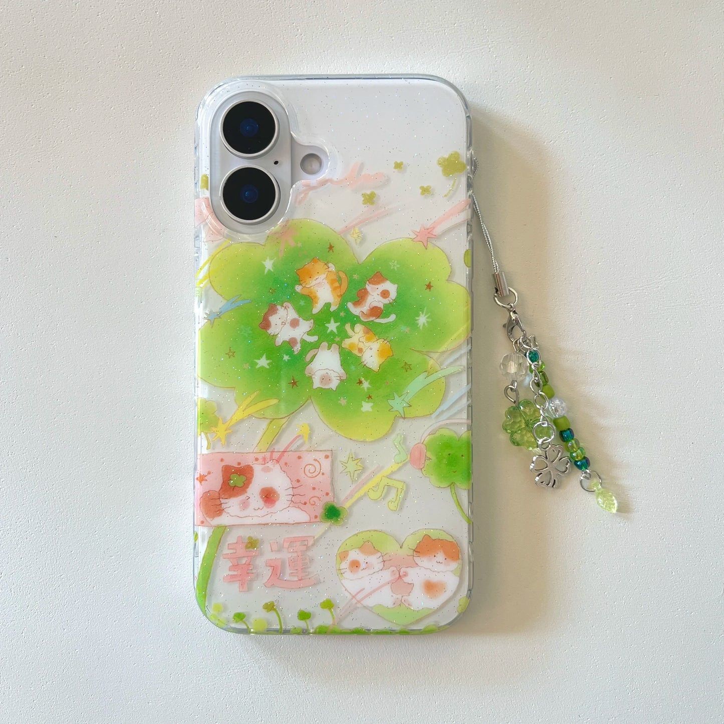 Sparkling Cute Cartoon Cat Lucky Clover Star Pendant Phone Case