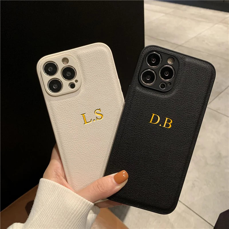 Personalized Phone Case For iPhone Luxury PU Leather Customized Initials Name Gift Cover