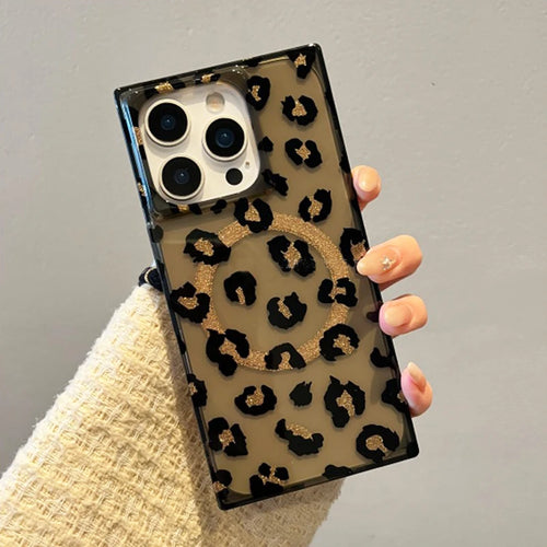 Stylish Rectangle Border Leopard Magnetic Wireless Charge Phone Case