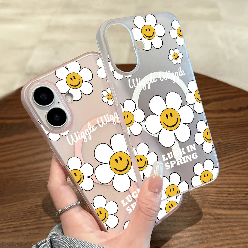 Smiley Daisy Letter Print Wireless Charging Phone Case For Magsafe iPhone