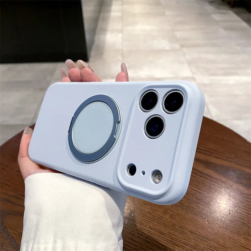 Luxury Liquid Silicone Solid Color Bracket Magnetic Phone Case For iPhone