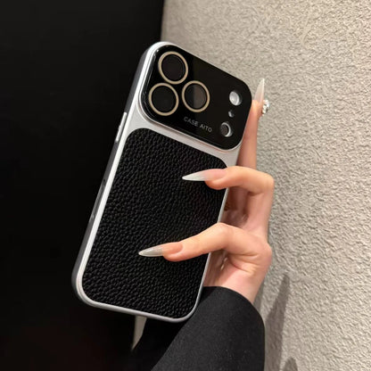 Creative Large Window Color Blocking PU Leather Case For iPhone Glass Lens Protective Cover Fundas