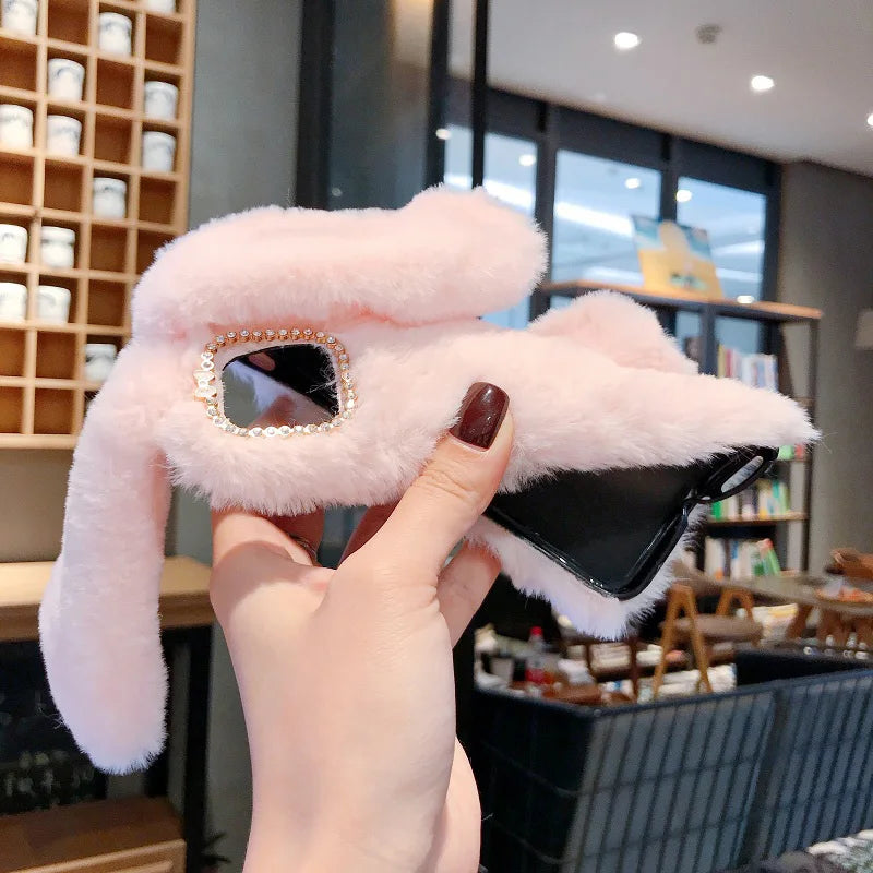 Plush Warm Case For iPhone Cute Long Rabbit Ears Furry Fluffy Fur Cover