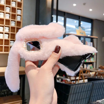 Plush Warm Case For iPhone Cute Long Rabbit Ears Furry Fluffy Fur Cover
